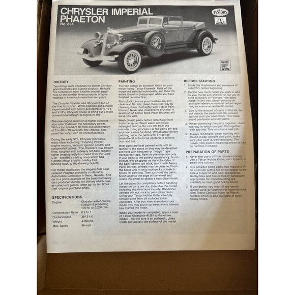 Testors 1/24 Scale 1933 Chrysler Imperial Phaeton Model Kit Unassembled Ages 10+ - Picture 7 of 8